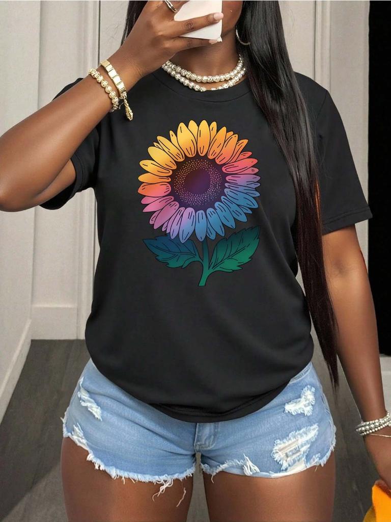 Artistic And Stylish Look Women 100% Cotton T-shirt Plus Size Gradient Sunflower Graphic Tee