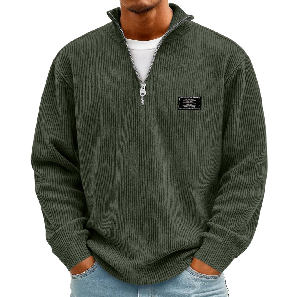 Men's Retro Corduroy Long Sleeve Shirt with Zip-Up Stand Collar Casual Top