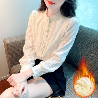 Camicetta di pizzo con maniche a sbuffo in stile coreano elegante e snellente con colletto rialzato