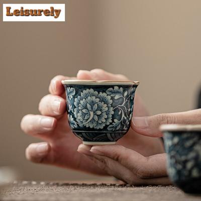 Juego de 2 tazas de té de cerámica con flores antiguas, Copa de boca de flor de horno Ru, Copa pequeña para maestro, Tazón para degustación de té, Juego de té Kung Fu 40ml
