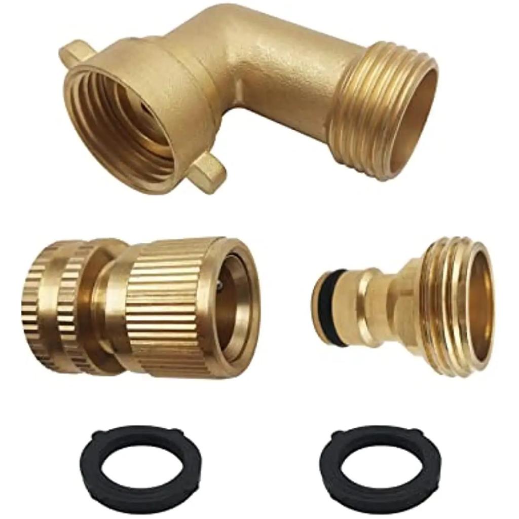 Solid Brass Garden Hose Adapter 3/4 Inch 90 Degree Elbow Connector and 3/4 Inch Hose Quick Connector