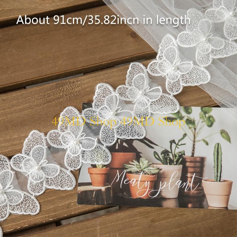 49MD 1 Yard Bowknot for Butterfly Embroidered Lace Trim Ribbon Imitation Pearl Beaded Applique DIY Sewing Craft Wedding Bridal