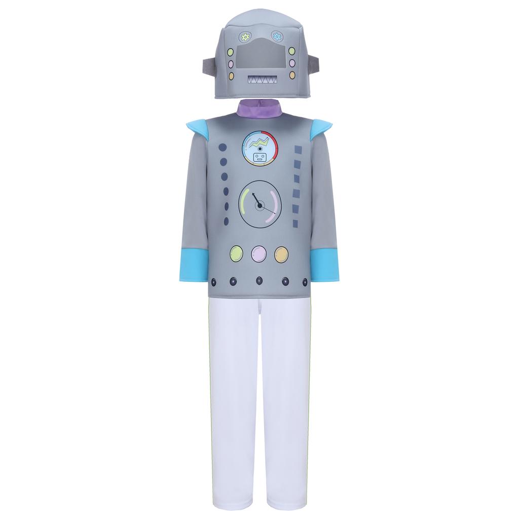 Unisex Kinder Roboter Kostüm Langarm Bunt Bedrucktes Oberteil Elastischer Bund Hose Niedliche Roboter Kopfbedeckung Cosplay Halloween Set