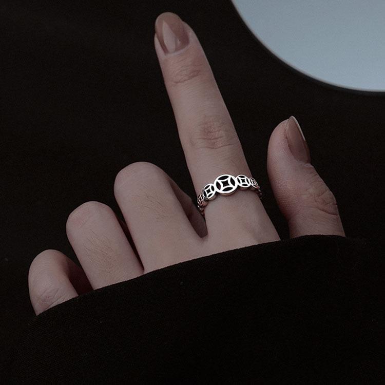 S925 Sterling Silver Retro Copper Coin Open Ring - Japanese Korean Style, Five Blessings, Oxidized Finish