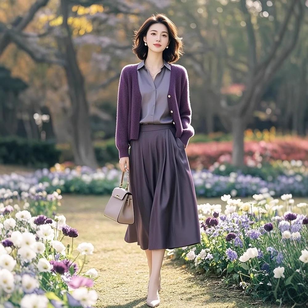 Trendy European Purple Knit Cardigan & Midi Skirt Three-Piece Set for Women