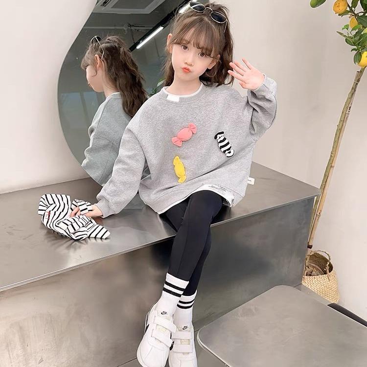 2024 New Style Gray Long-Sleeve Sweatshirt for Girls - Wide Fit, Perfect for Spring and Autumn