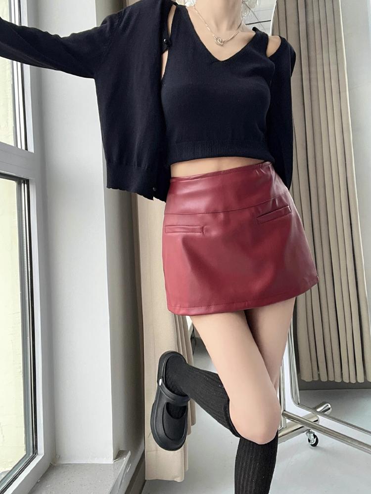 Elegantní korejská módní minisukně z umělé kůže, černé PU sukně pro ženy s vysokým pasem, sukně na zip s kraťasy