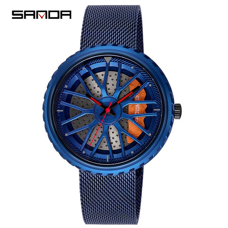 Sanda Men's Fashion Quartz Watch, Mesh Strap, Waterproof, Outdoor Casual, Hollow Wheel Dial.
