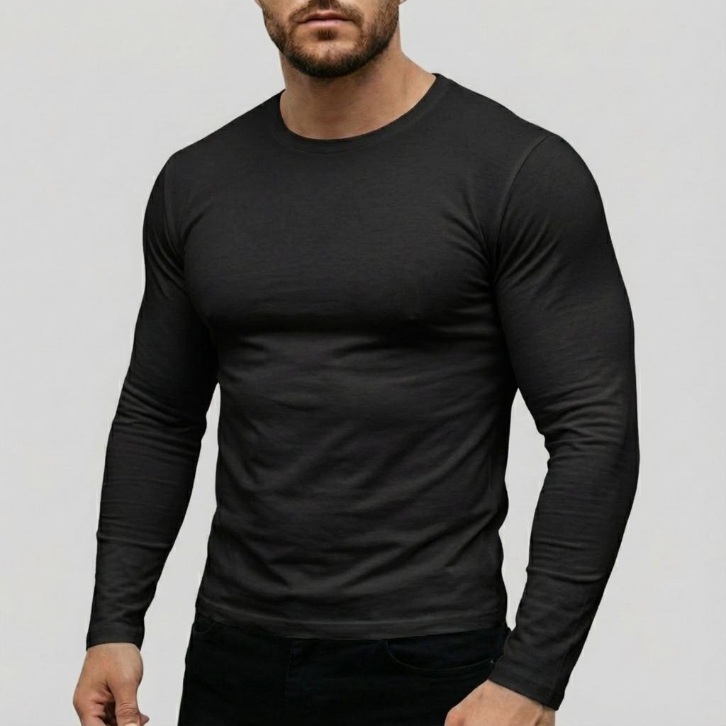 Herren Casual einfarbiges Basisshirt, Herren Sportoberteil mit Rundhalsausschnitt und langen Ärmeln
