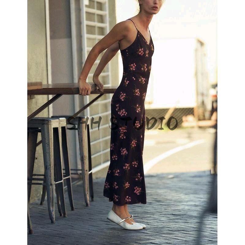 Spring New Women's Clothing Sexy Wind V Neck Sleeveless Printed Long Midi Skirt Sling Dress 2587053