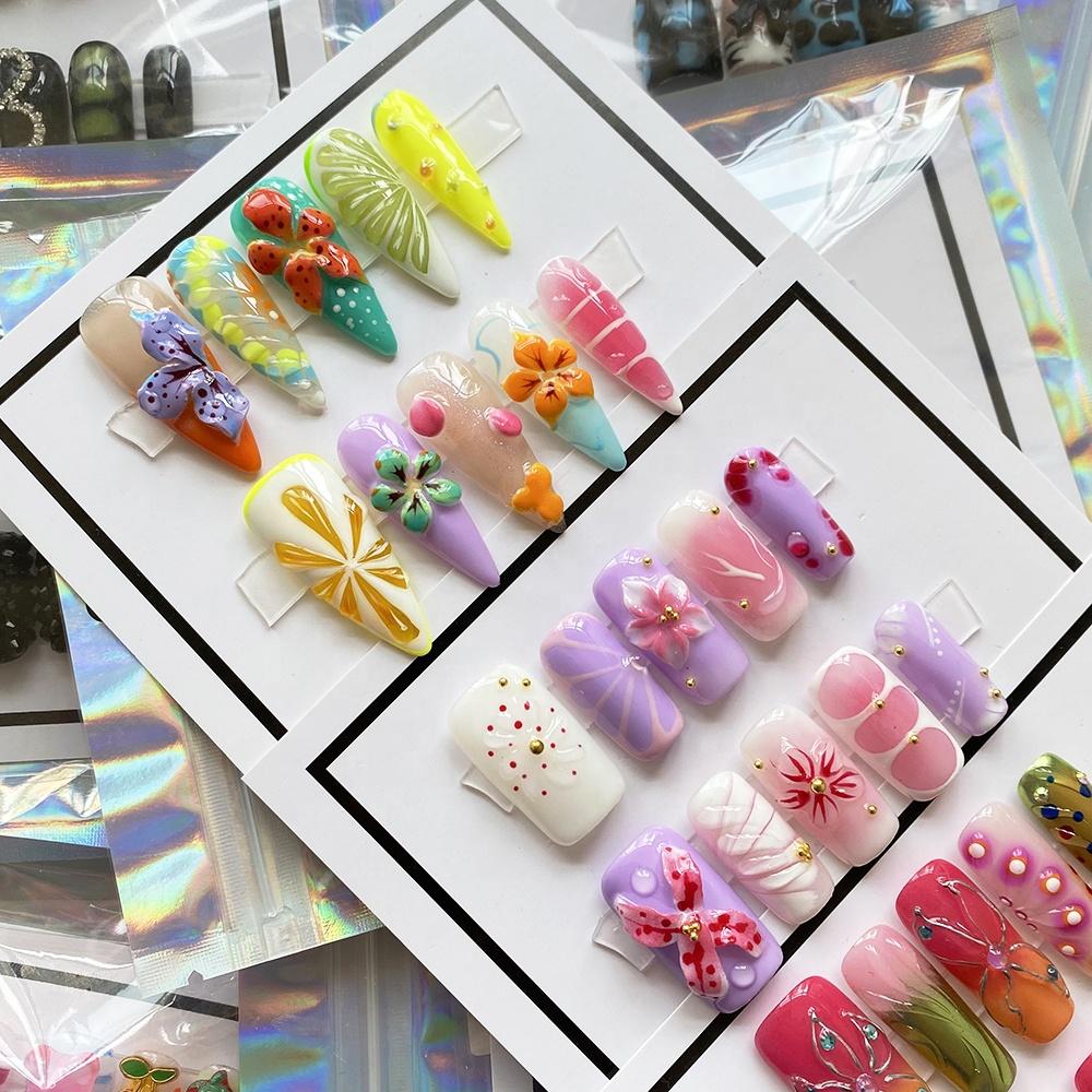 Glossy Hand Paint Thickness Acrylic Handmade Nail Sets 10PCS Multicolor Luxurious Gorgeous UV Gel Carved Artificial Manicure Art