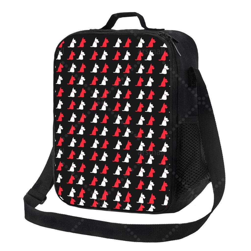 Black And White Scottish Terriers Hearts Neoprene Lunch Bag with Adjustable Shoulder Strap Reusable Thermal Bento Tote