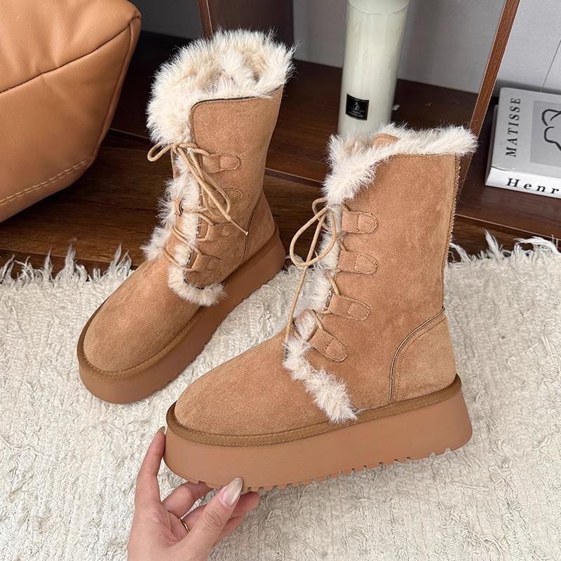 

2025 autumn and winter snow boots women s fleece thickened thick sole to increase the height of the fur integrated Northeast cotton shoes fluffy warm 35