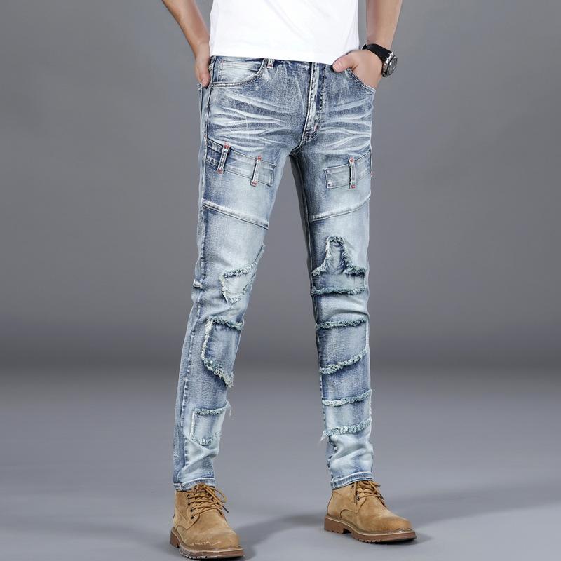 2024 New Motorcycle Jeans Men'S Trendy Brand Slim Fit Small Straight Tube High-End Elastic Pants With Cool Splicing