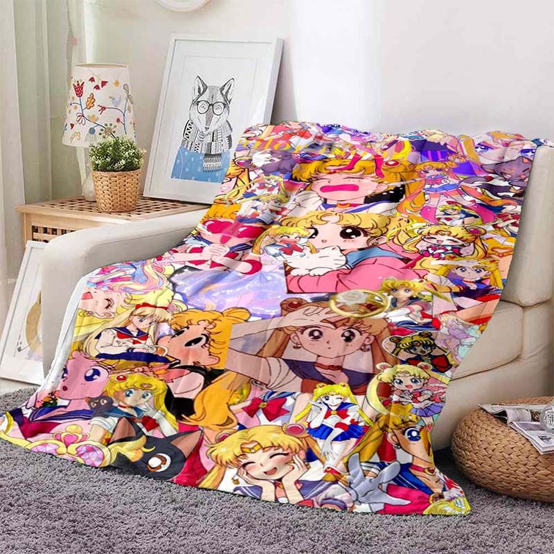 HD S-Sailor M-Moon Flannel Throw Blanket 3D Cartoon Print Soft Warm Lightweight Sofa Bed Cover Girls Bedroom Travel Decor Gift