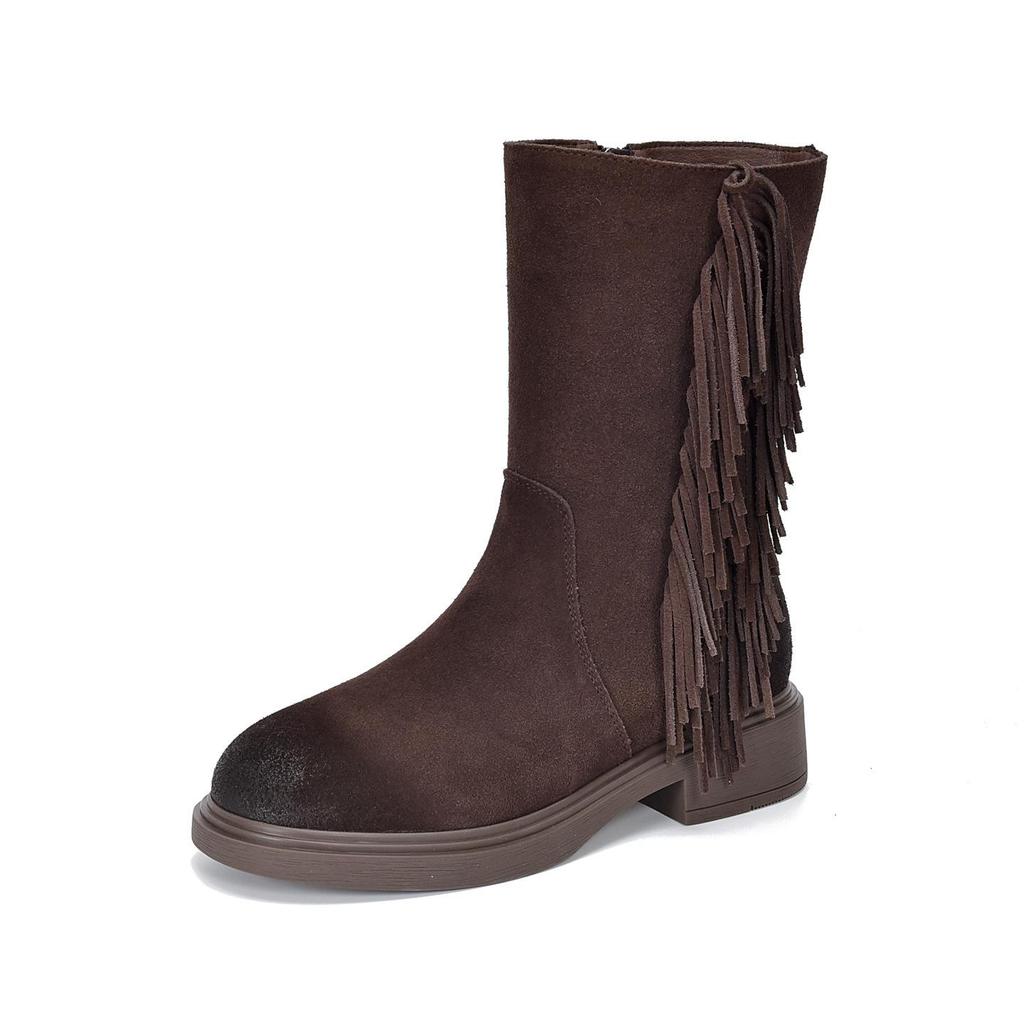 Johnature Retro Tassel Mid Heeled Women's Boots Genuine Leather Round Toe Versatile Mid-calf Boots