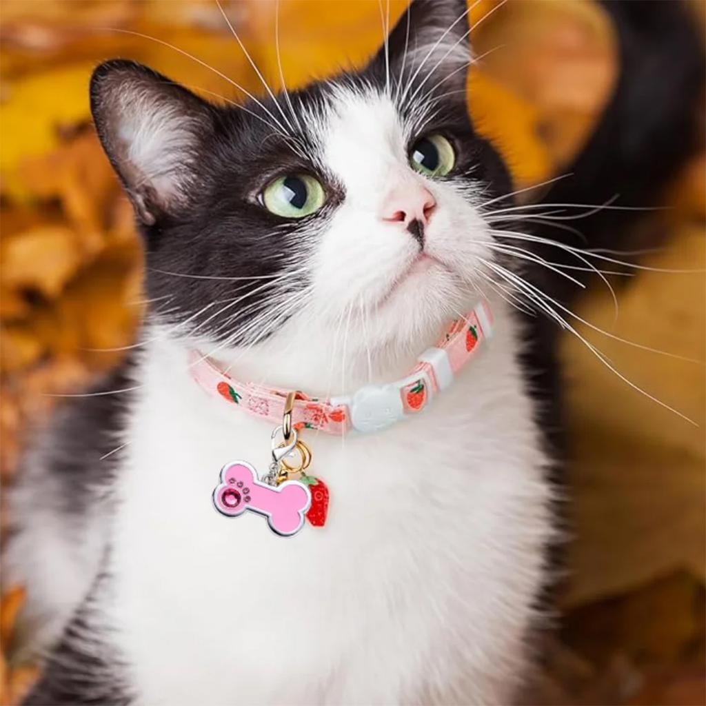 2Pcs Adjustable Pet Collar - Pink Strawberries And White Heart Shaped Pendant Cotton Breakaway Cat Collar With Bell