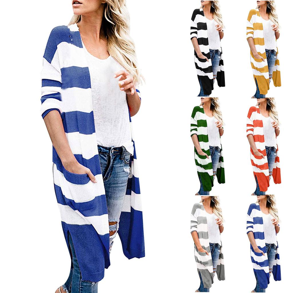 Women Long Sleeve Knit Striped Cardigan Sweater Coat Long Baggy Jacket