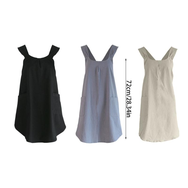 Women Cotton Linen Cross Back Apron with Pocket Simple Pattern Cotton Apron Comfortable Cotton Apron for Women Girl