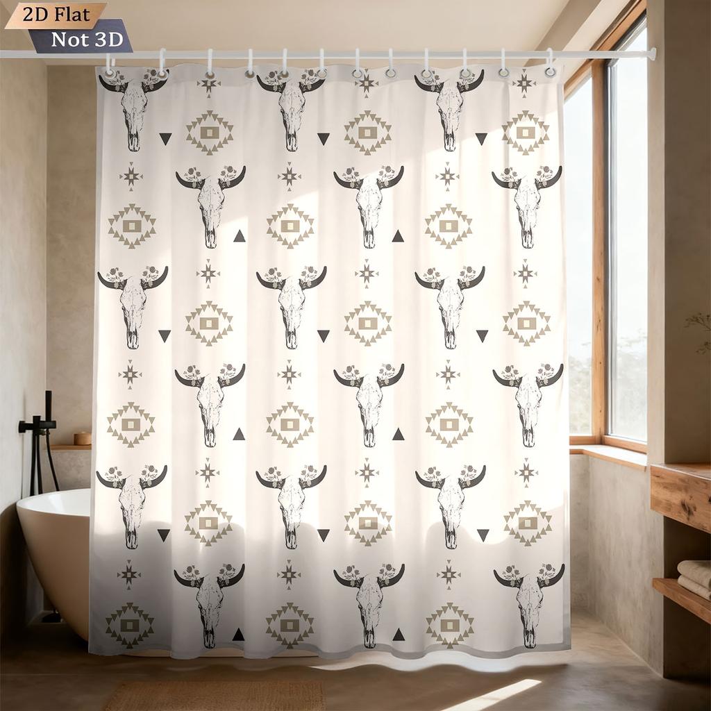 1 Piece Retro Horn Print Waterproof Shower Curtain Partition Privacy Hanging Curtain With 12 Hooks In Multiple Sizes