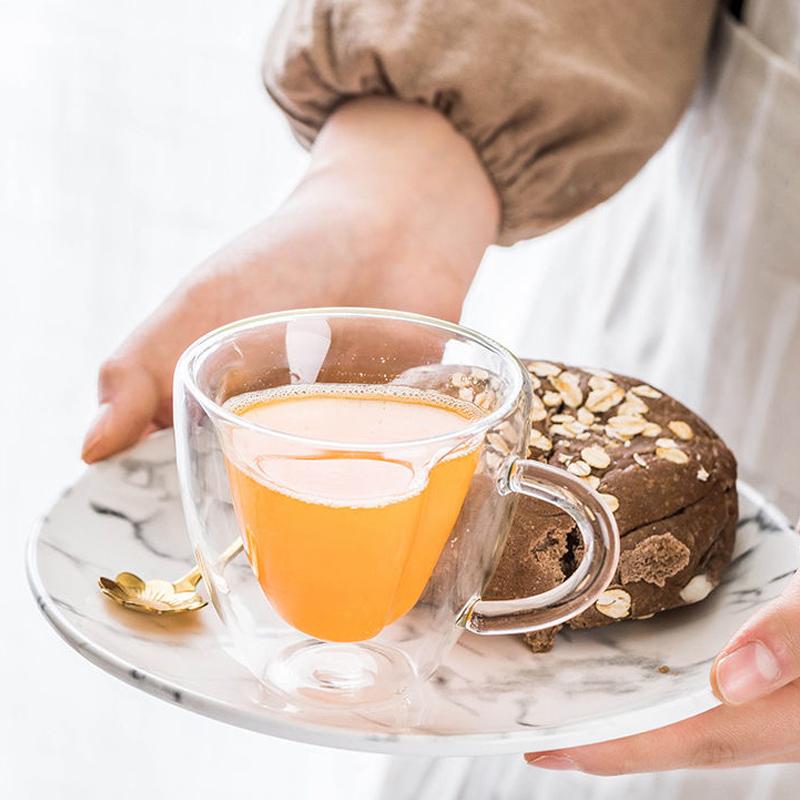 Unique Double Wall Heart Shaped Glass Coffee Mug Insulated Clear Tea Milk Cup with Handle Valentine's Day Couple Drinkware Gift