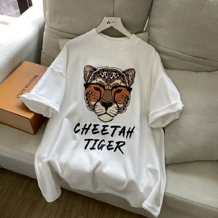 Začátek podzimu Nový styl chlupatého bavlněného tygřího hlavy s kresleným potiskem, volné zahuštěné tričko s krátkým rukávem