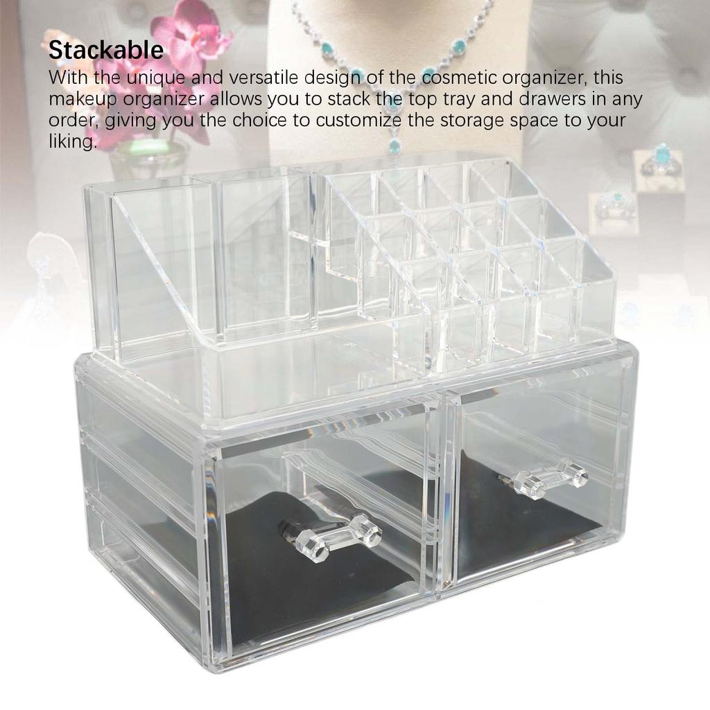 Clear Vanity Makeup Organizer Stackable Cosmetic Storage Display Case with 2pcs Drawers and Tray For Makeup Brushes