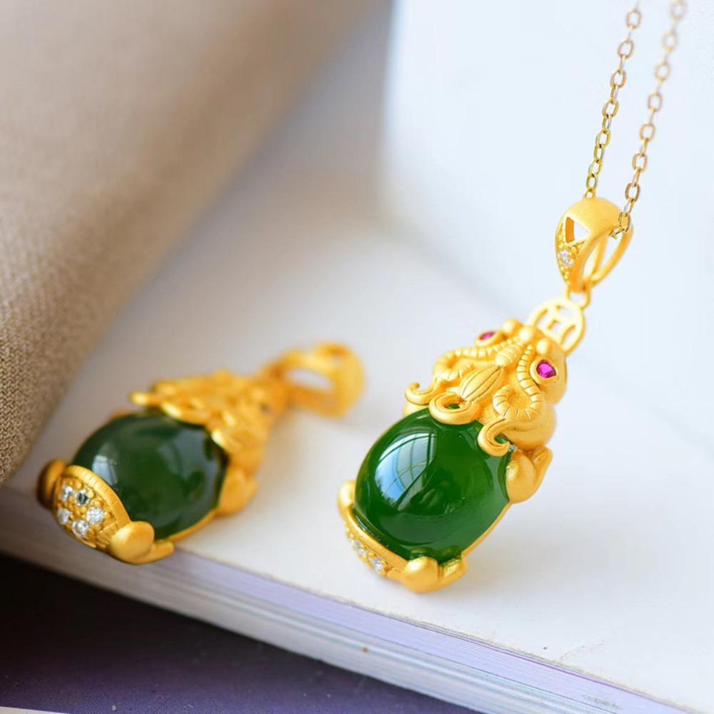 Traditional Chinese Gold Plated Hetian Jade Pixiu Necklace Spinach Green Pendant