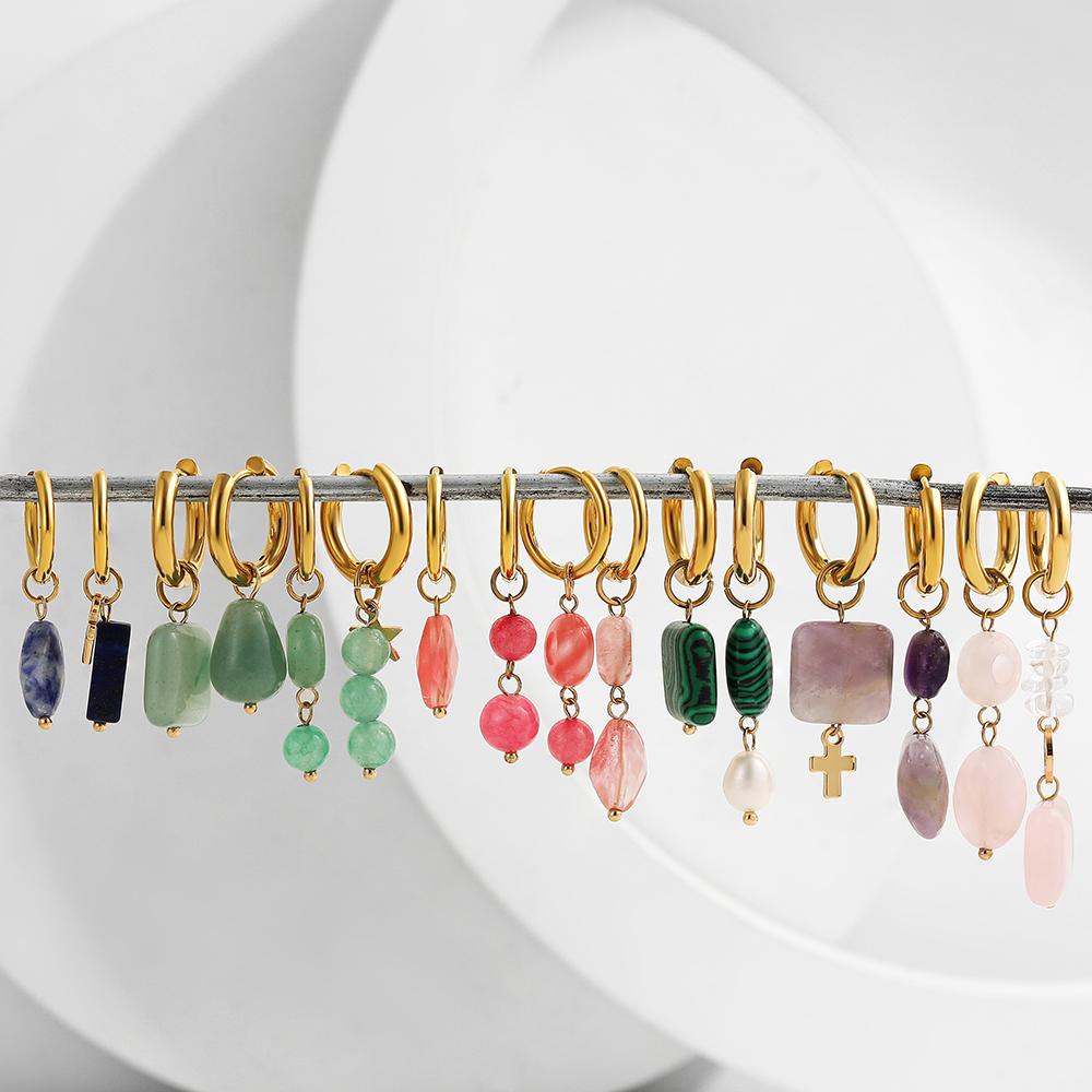 Fashion Multicolor Geometric Square Heart Natural Stone Malachite Drop Earrings for Women Stainless Steel Hoops Bohemia Jewelry