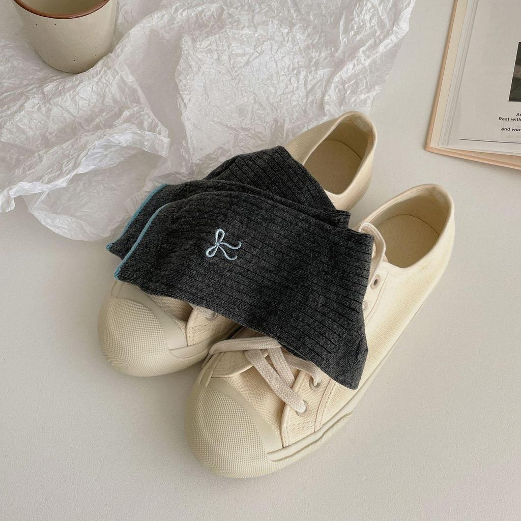 Gray-Blue Striped Embroidered Bow Socks for Women – Korean Ballet Style, Trendy All-Match Socks