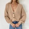 2026 Women's Solid Color Buttoned V-Neck Knit Cardigan Sweater for Autumn and Winter