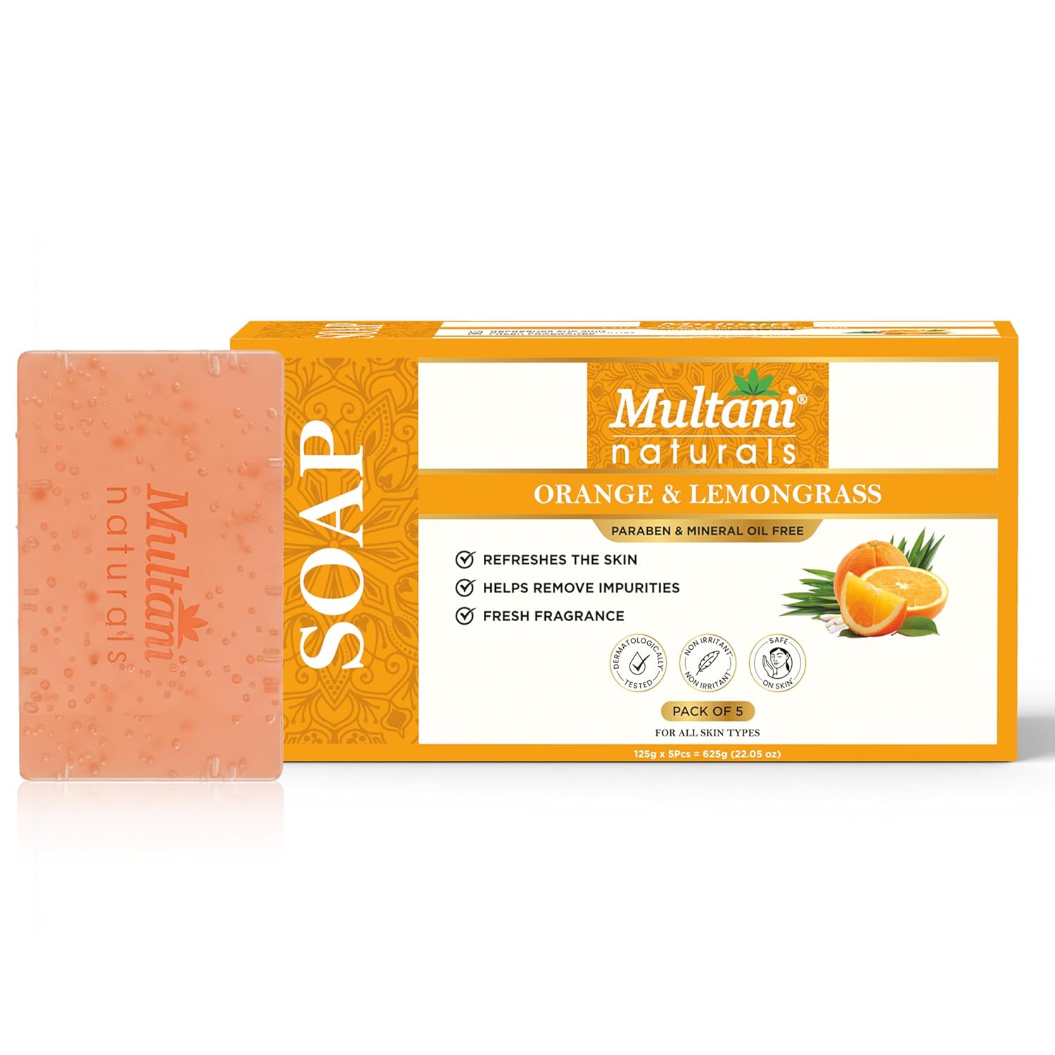 

Multani Natural Orange Lemongrass Soap Bars Pack Of 5 Pcs 125 Gm Each Refreshing Bath Soap For Oil Control Clear Smooth Skin