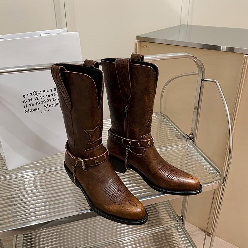 

2025 новые пряжки для ремня европейские и американские боковые молнии толстый каблук ковбойские сапоги рыцарские сапоги женские кожаные круглый носок полусапоги 39