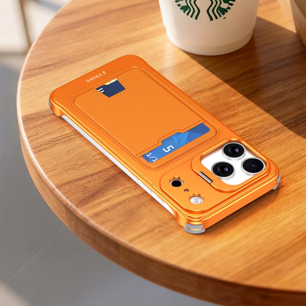 For iPhone 15 Pro Max Case Lens Frame Kickstand Metal Frameless Phone Cover with Leather Card Slots