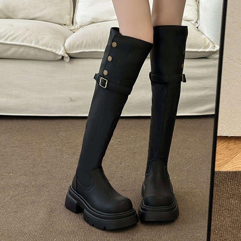 2025 Autumn and Winter New Long Boots Female Internet Celebrity Over the Knee Thin Boots Knight Small Thick Boots Martin Boots