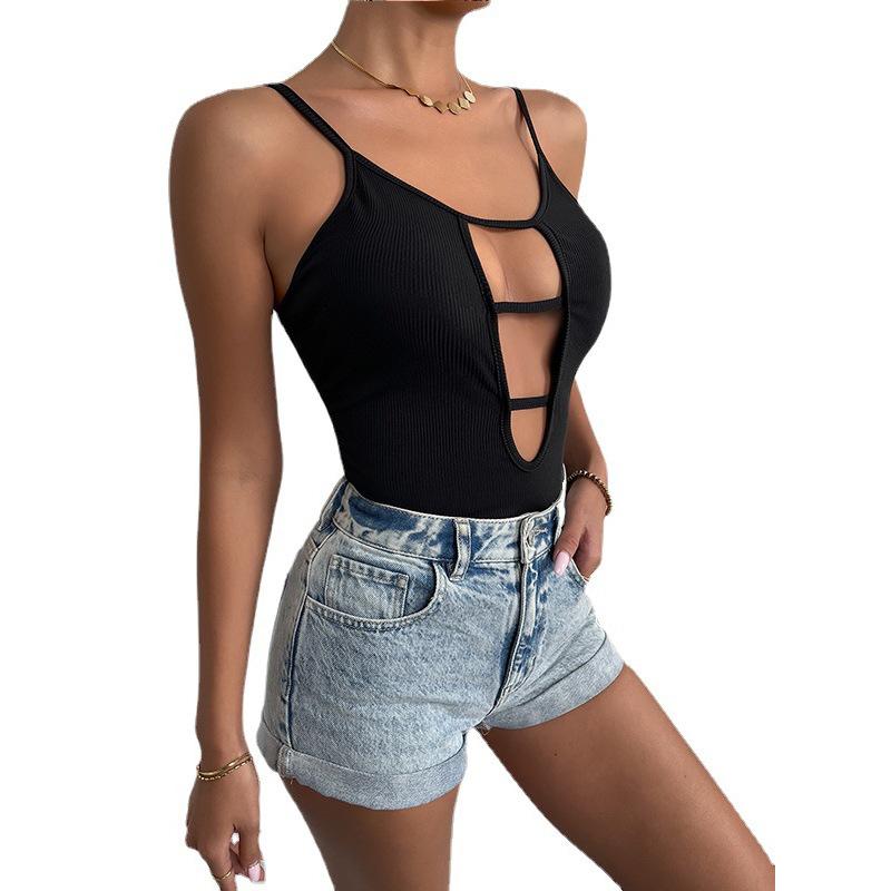 European and American Instagram Sexy Spicy Girl Hollowed Out Backless Thin Shoulder Strap Ribbed Knit Jumpsuit