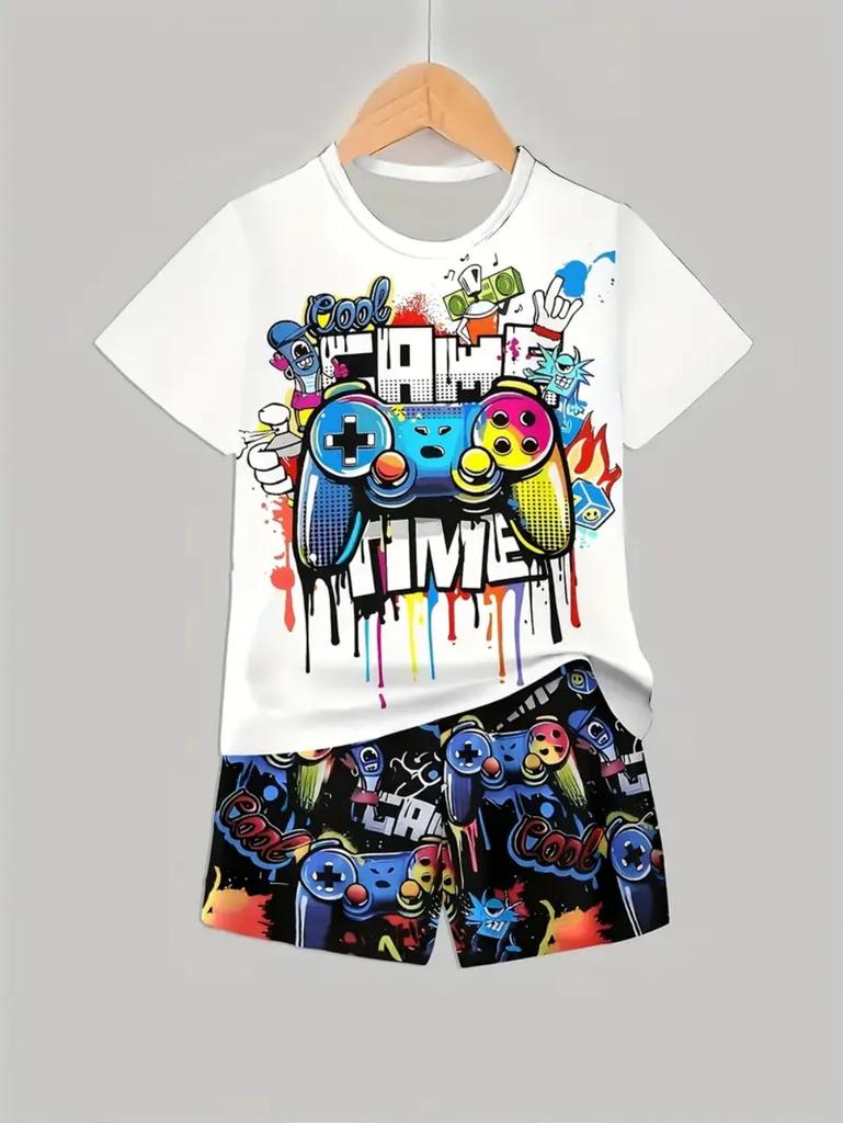 Game Console Boys Set Cool Print Children's Top and Bottom Clothes Set Loose Sets for Children Street Casual Children's Clothes
