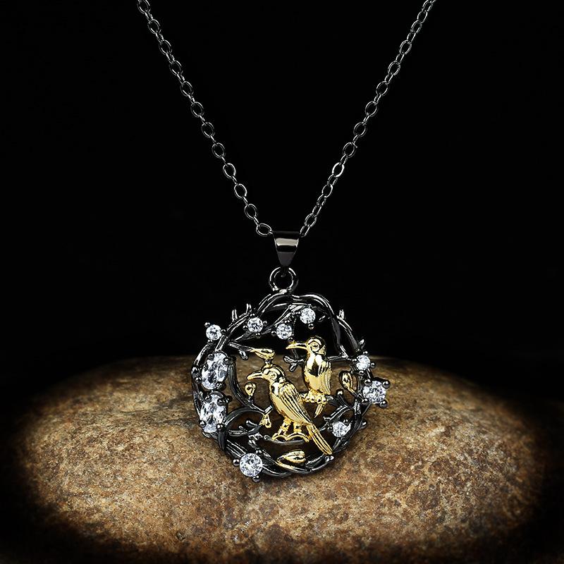Flower Pendant Woman Vintage Art Color Separation Birds Plum Blossom Branch Necklace Short Vine Chain
