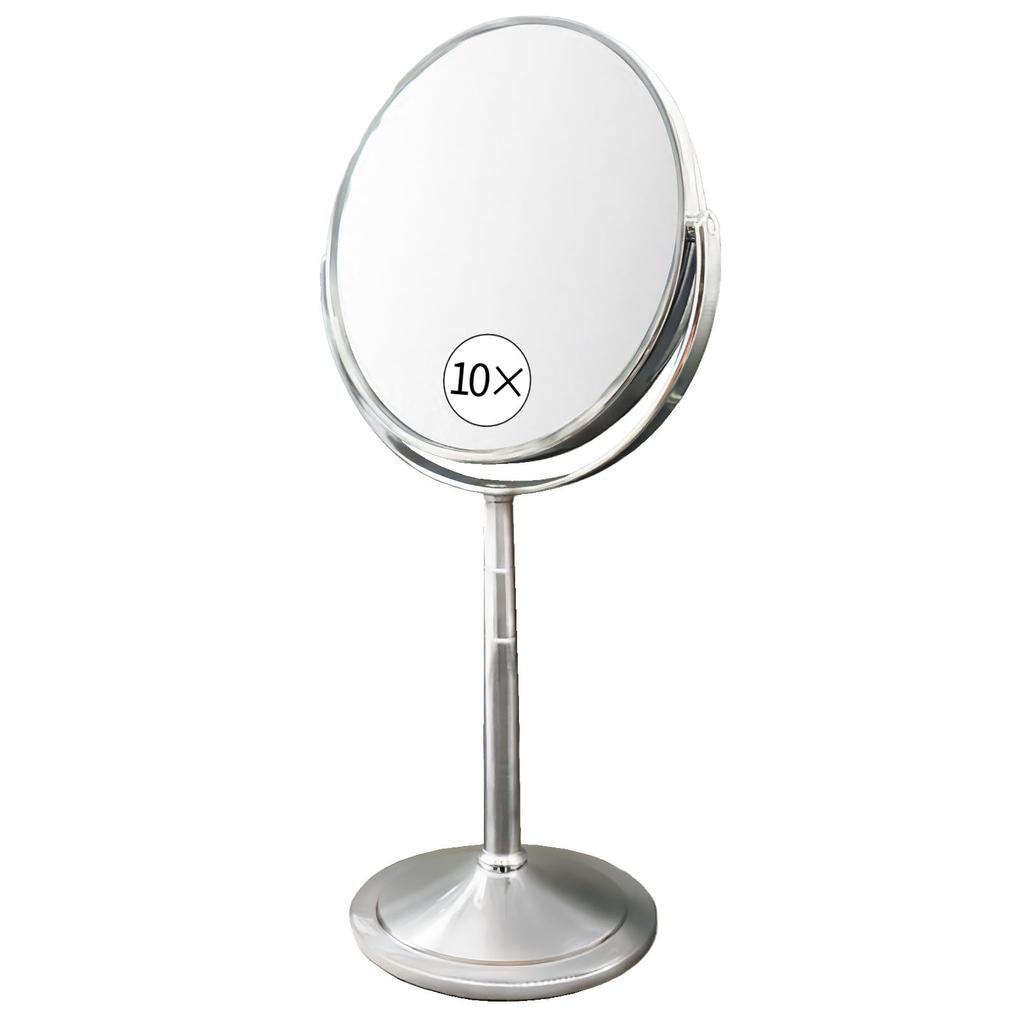 Tabletop Magnifying Mirror 10x and 1x Makeup Stand Tabletop Mirror for (10X) (Silver) [Height Adjustable] Magnification, Double-Sided, Large, Mirror,