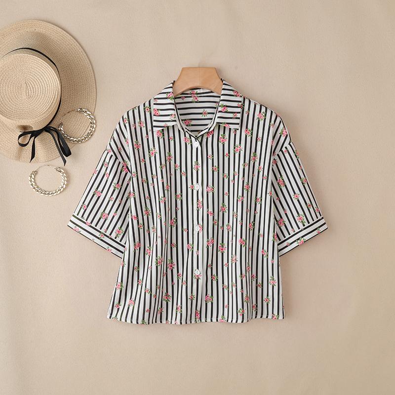 ZANZEA Women Casual Turn Down Collar Short Sleeve Floral Stripe Print Blouse M чёрный