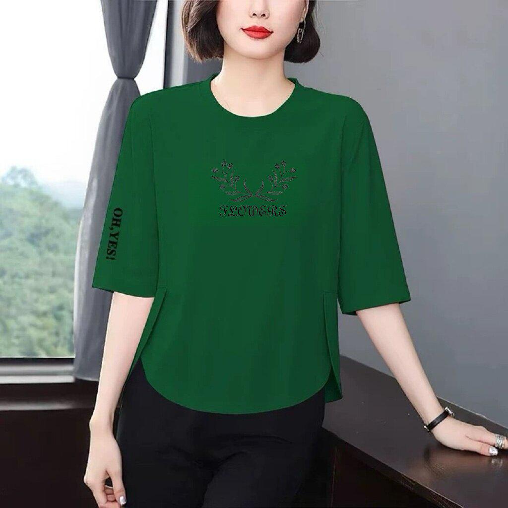 Mom's Chic Letter Print 3/4 Sleeve T-Shirt: Loose, Slimming, Tummy-Covering, Versatile Top for Middle-Aged and Older Women.