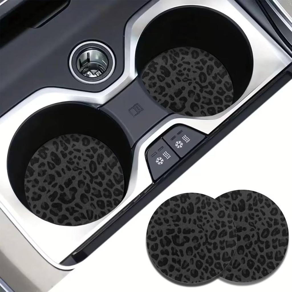 Car Cup Holder Coasters, 2 Pack Universal Auto Anti Slip Ert Coaster with A Finger Notch, Cute Car Assecories for Women - Black Leopard Print