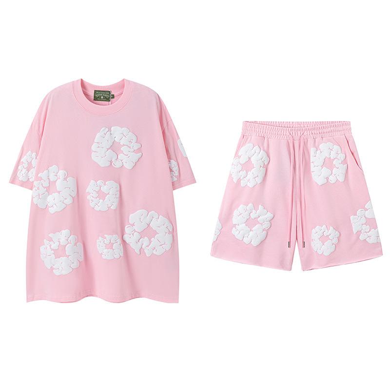 New Trendy Short-sleeved Short-pants Set with Foam Printing - Suitable for Both Men and Women, for Casual Wear.