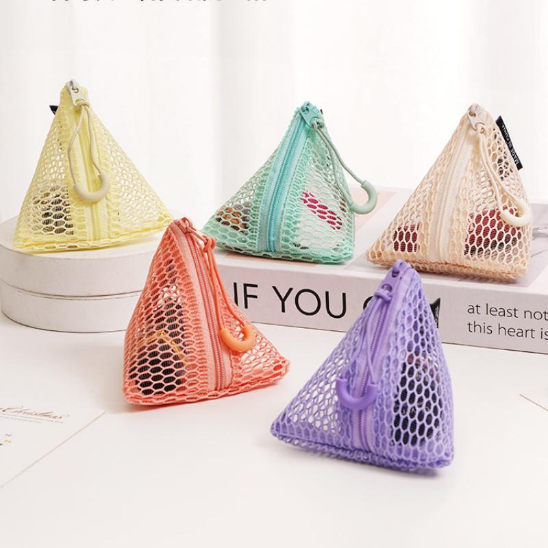 Triangular Mesh Bag Lipstick Jewelry Cosmetic Bag Portable Rope Design Mini Coin Purse Dopamine Color Candy Color Storage Bag