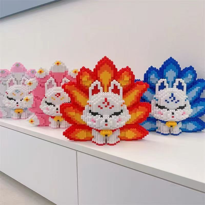 3D Nine Tailed Fox Cartoon Character Small Particle Construction Model Building Blocks Toys for Children's Kids Puzzle Gifts