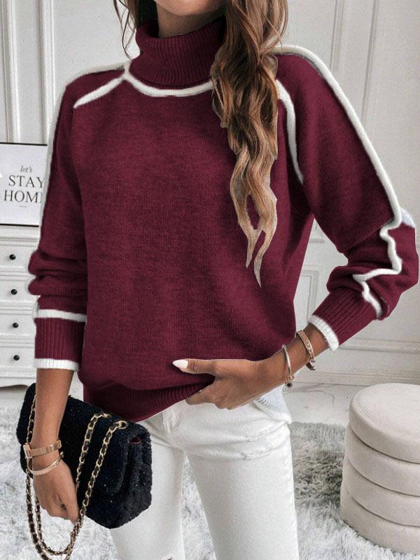 Autumn Winter Women's High Neck Color Block Raglan Sleeve Loose Sweater