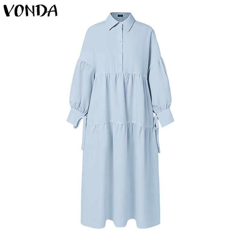 VONDA Elegant Women Lapel Neck Long Sleeve Casual Long Shirts Dress