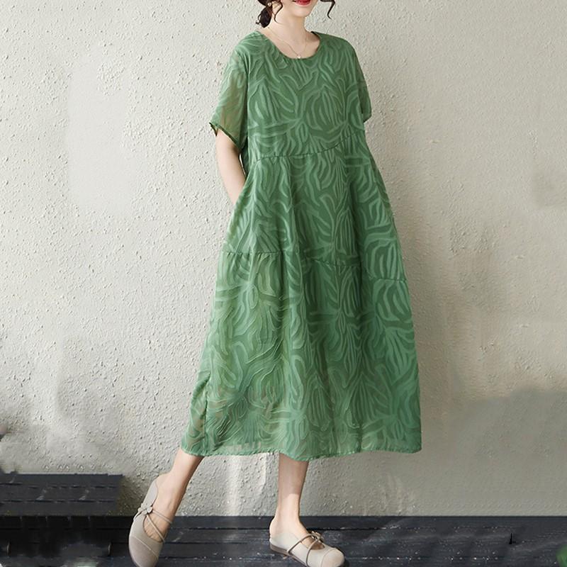 

Short sleeve Plus size jacquard vintage floral new in dresses for women casual loose long summer dress XXL зелений