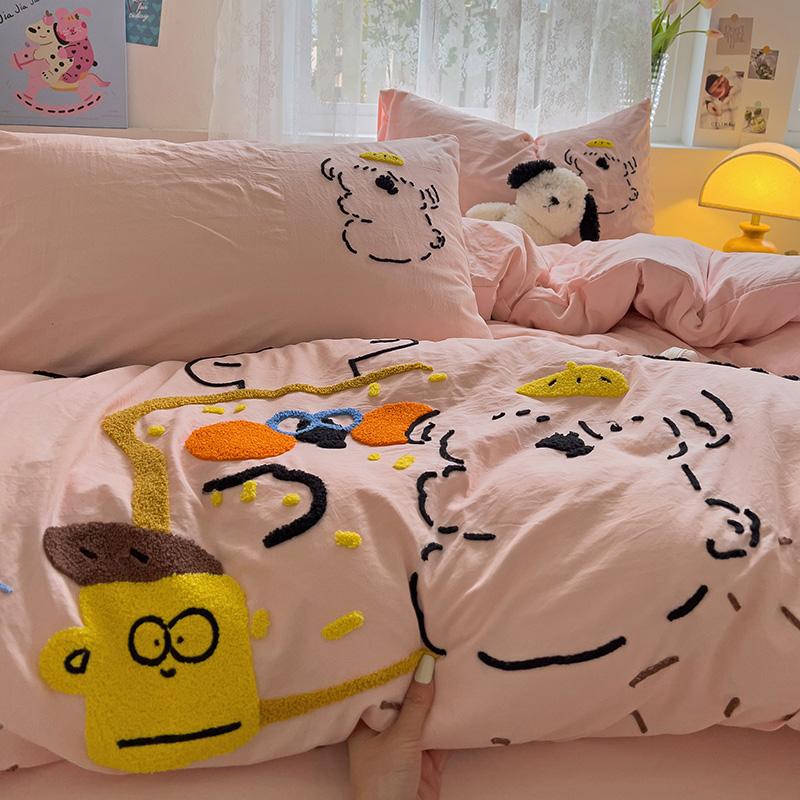 

Cartoon Animal Embroidery Bedding Set For Adults Kids Cute Flat Fitted Sheet With Pillowcases Washed Cotton Colorful Full Size 3pcs 150x200 flat