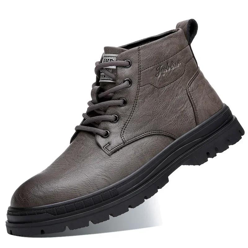 

Модная мужская обувь осень-зима толстая подошва теплые кожаные ботинки с хлопком британский стиль мужские модные короткие рабочие ботинки 2024 38 хаки